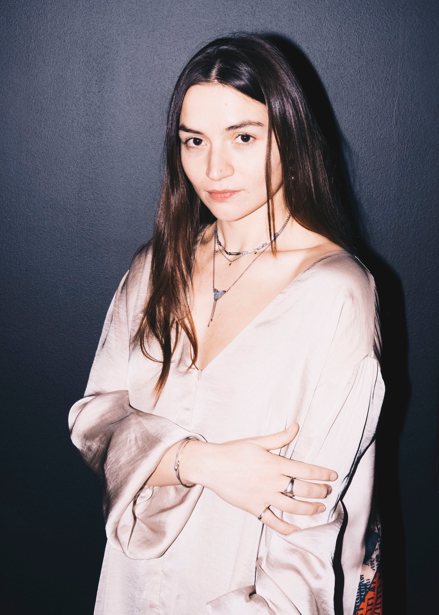 Milagros - necklace - silver arm bones and gold hearts