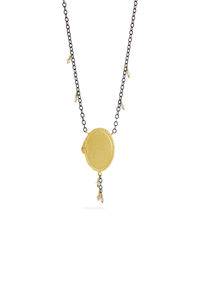 Ouroboros necklace - big 14 ct gold signet with natural stones