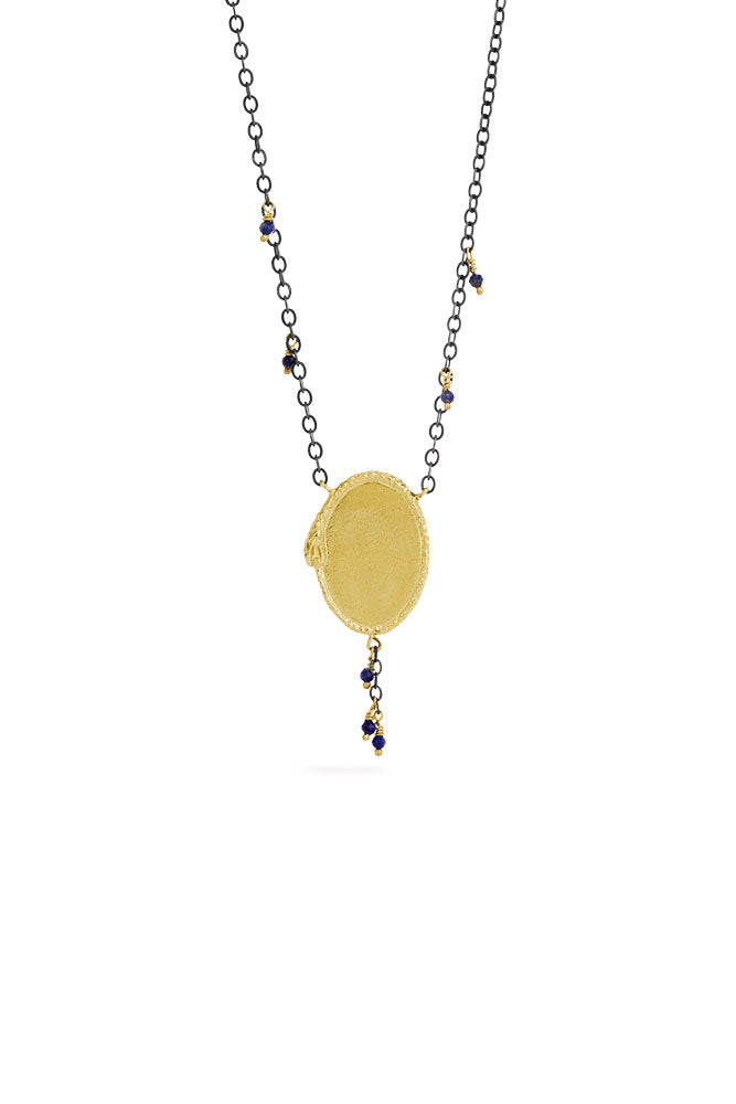 Ouroboros necklace - big 14 ct gold signet with natural stones