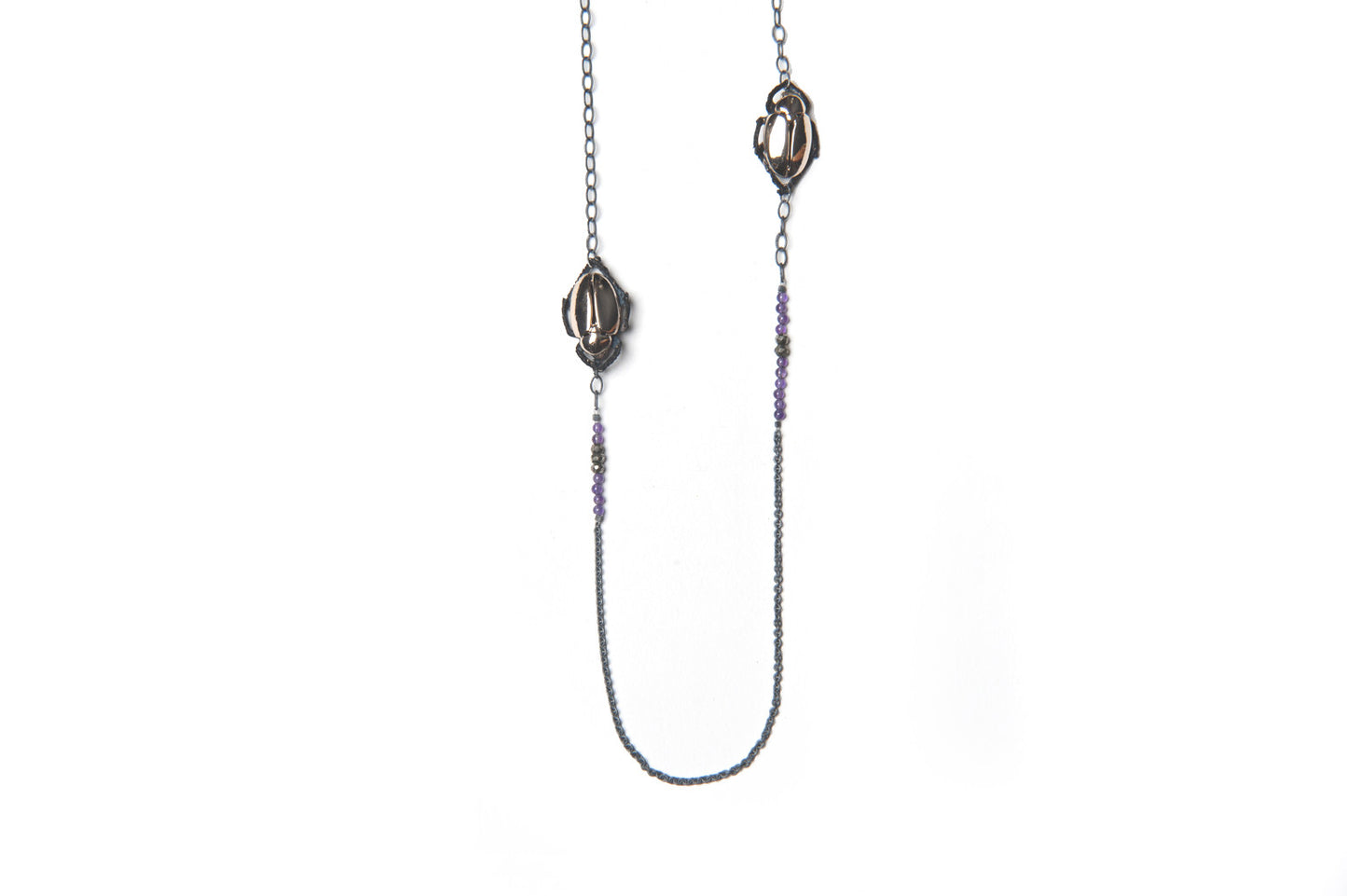 Scarab Necklace -Bronze beetles and natural stones