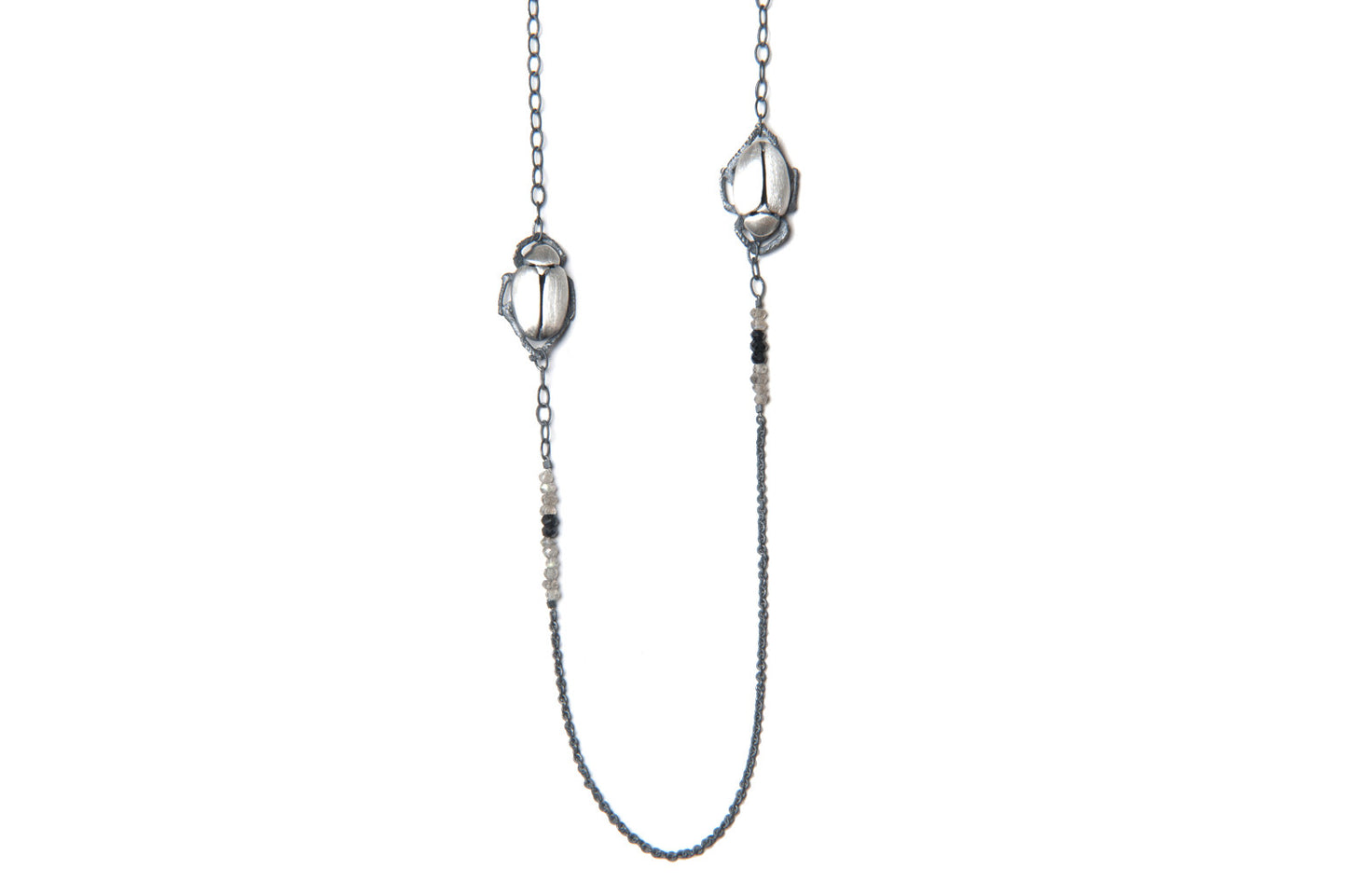 Scarab Necklace -Silver beetles and natural stones