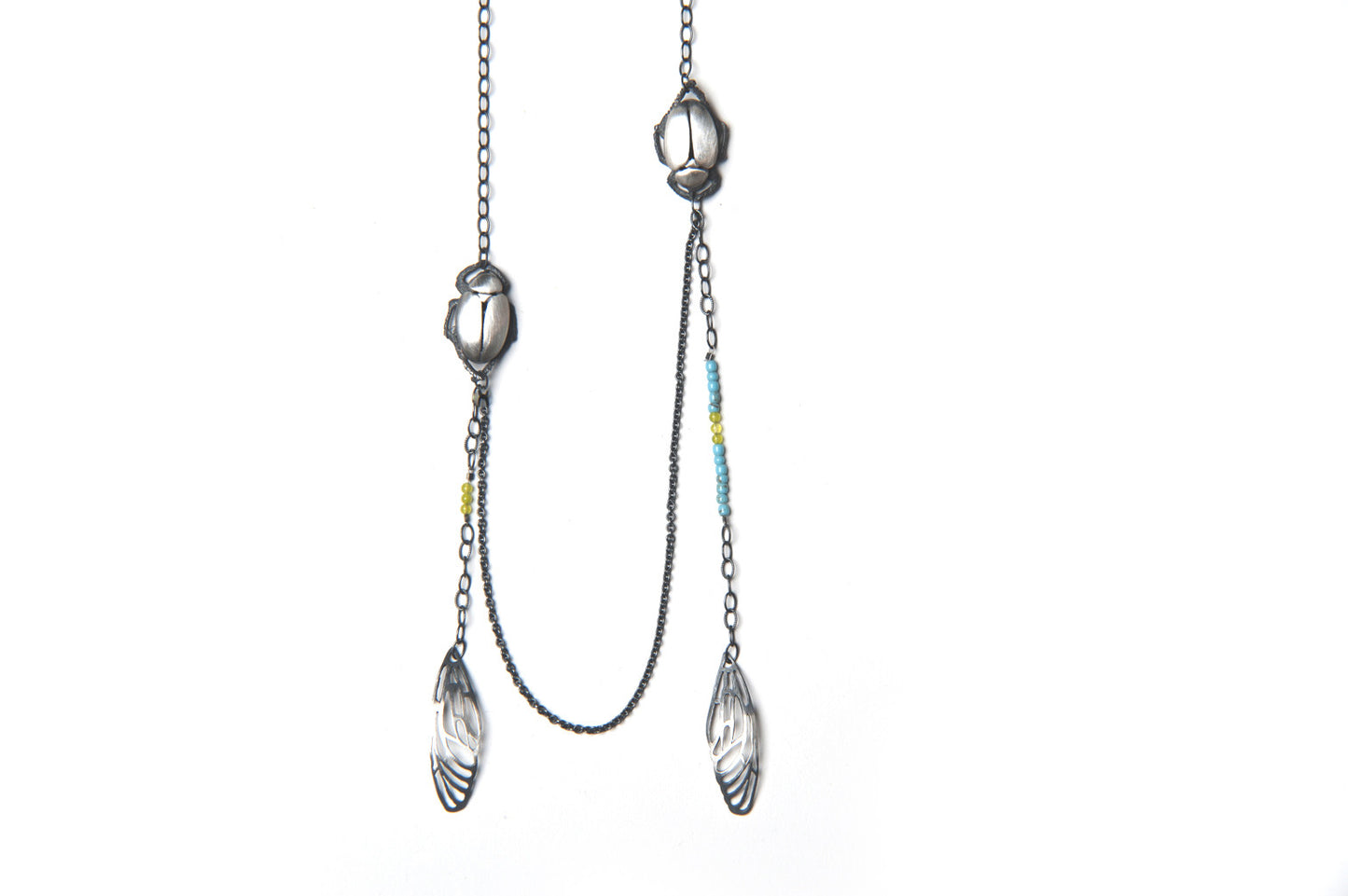 Scarab Necklace -Silver beetles and wings