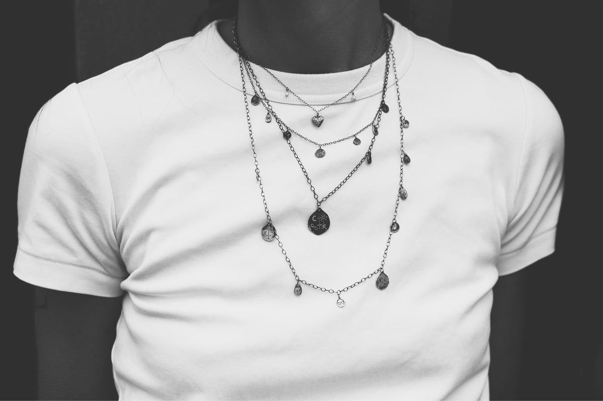 TÁKN / SYMBOLS - Necklace. Long chain with symbols and natural stone
