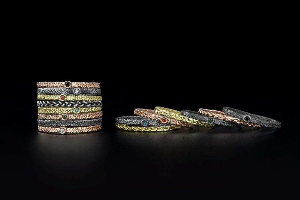 Braid Ring - Pink Gold with green diamond