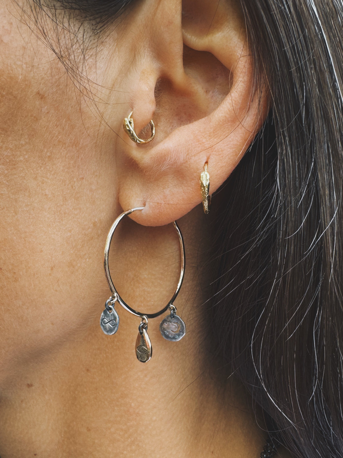 TÁKN / SYMBOLS - Earrings Bronze Hoops with dangling symbols
