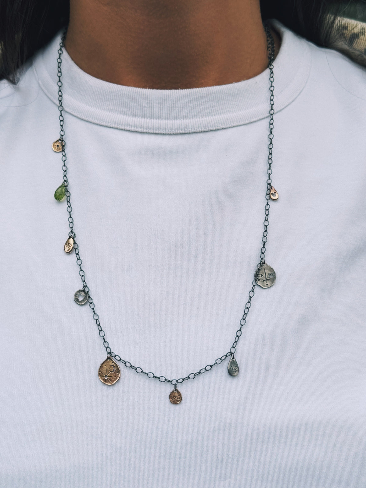 TÁKN / SYMBOLS - Necklace. Long chain with symbols and natural stone