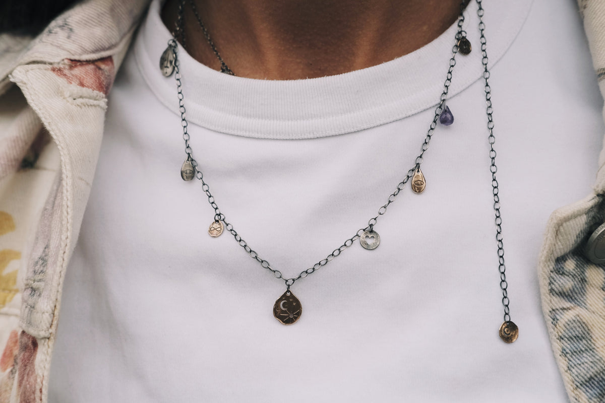 TÁKN / SYMBOLS - Necklace. Long chain with symbols and natural stone