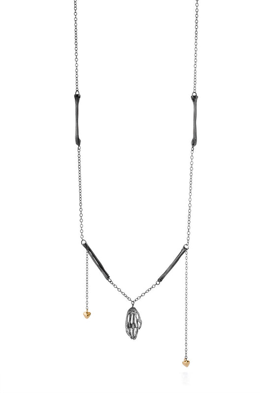 Milagros - necklace - silver hand with bronze bones and gold hearts