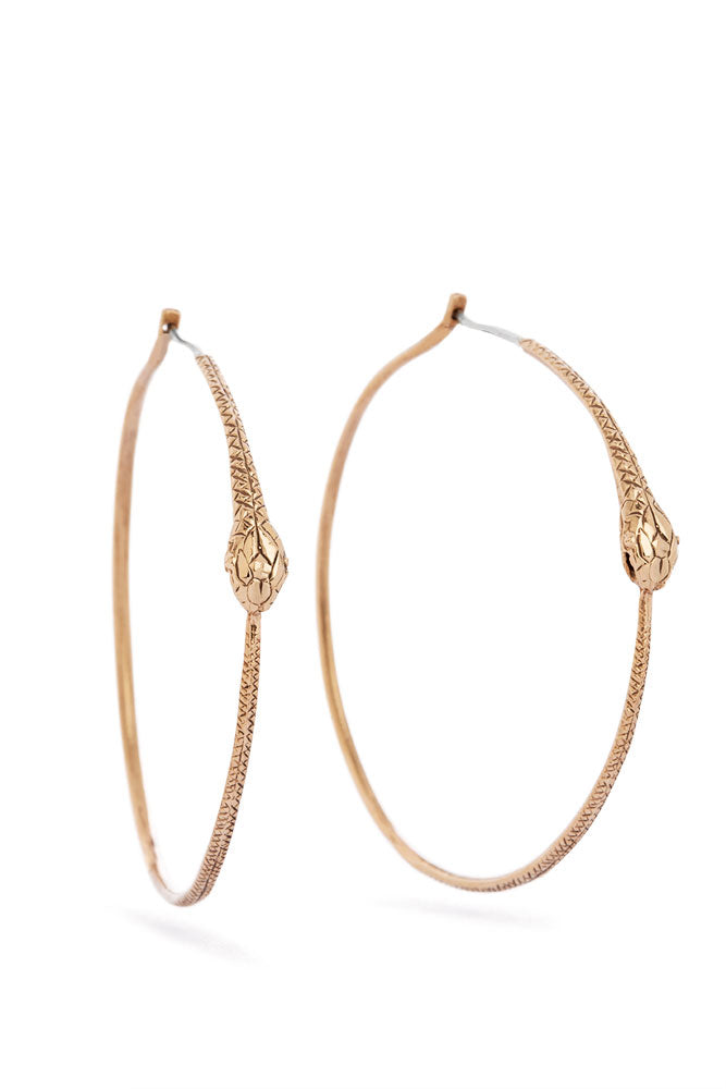 Ouroboros earrings - big hoops, bronze snakes