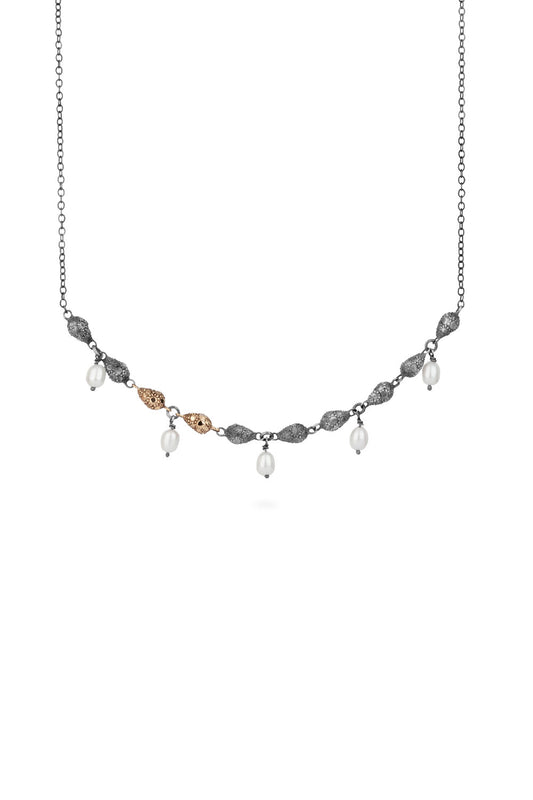 Sea necklace - short with white pearls and silver drops
