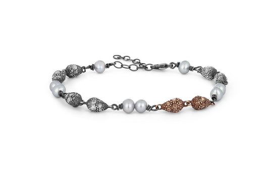 Sea bracelet - with gray pearls and silver & bronze drops