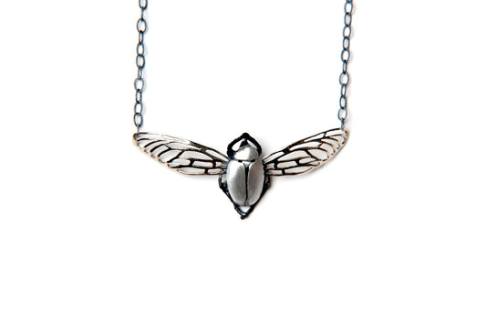 Scarab Necklace - Small silver beetle with bronze wings