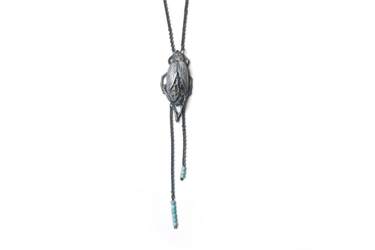 Scarab Necklace -Big silver beetle and natural stones